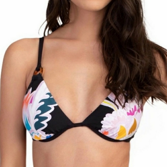 TRINA TURK Seychelles Colorful Floral Print Black Triangle Bikini Top 18W NWT - Picture 1 of 9